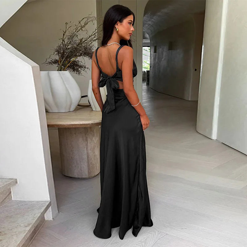 Deep V neck Hollow Long Dress
