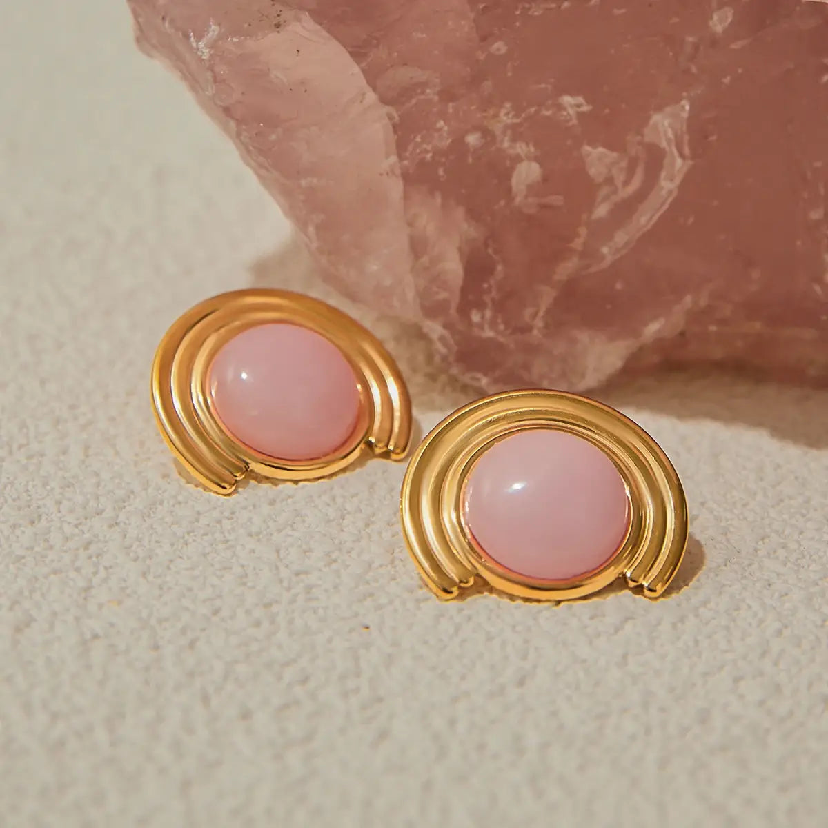 Pink Natural Stone Ribbed Earrings Stainless Steel