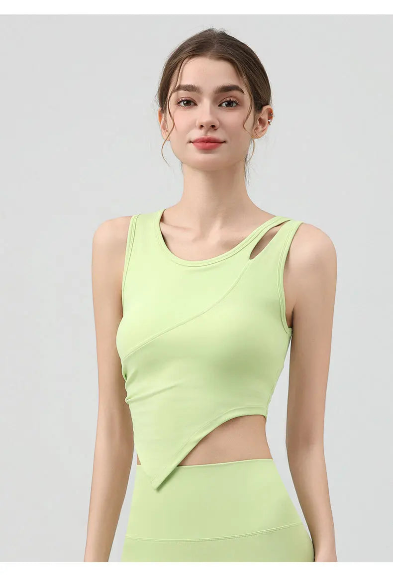 High Strength Women Yoga Irregular Lower Hem Shoulder Hollow Out Tank Top