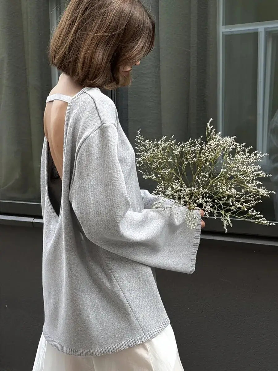 Backless O-neck Cotton Knit Sweater