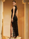 Hollow Out High Slit Lace Women Maxi Dress Black See - Norellé