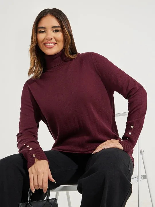 Women’s Cropped Basic Turtleneck Sweater Long Sleeves with Buttons