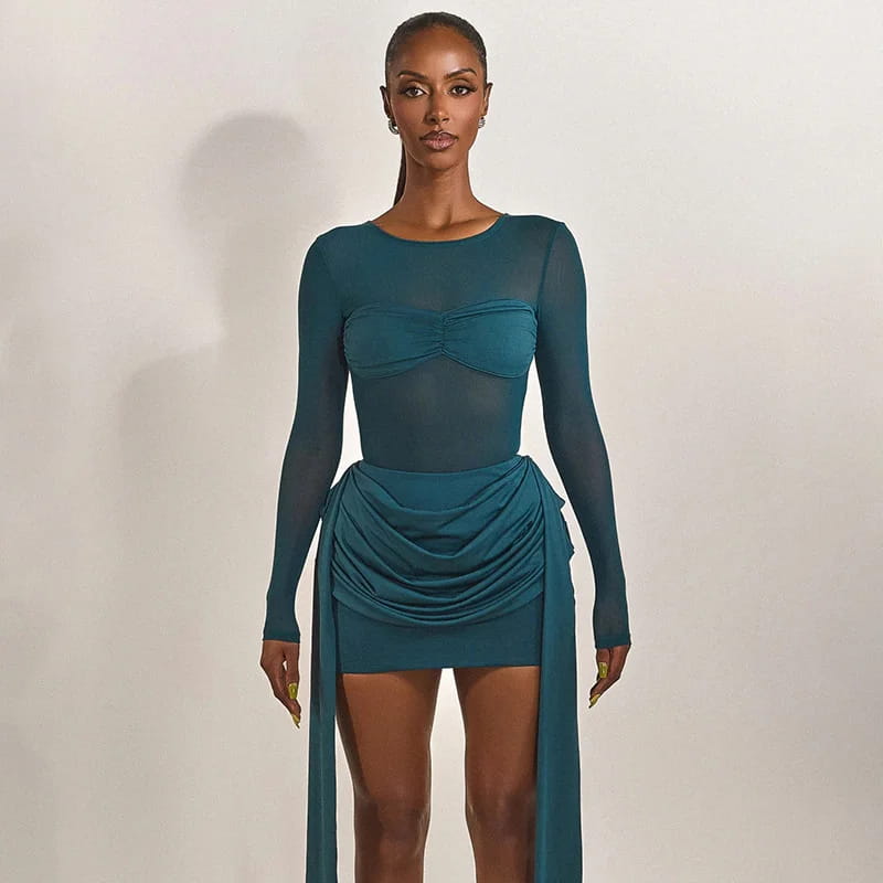 Mesh Patchwork Ruched Mini Dress Women