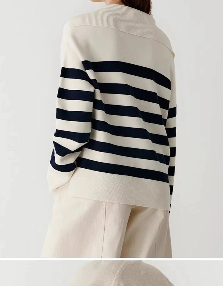 Loose Navy Collar Striped Cashmere Sweater