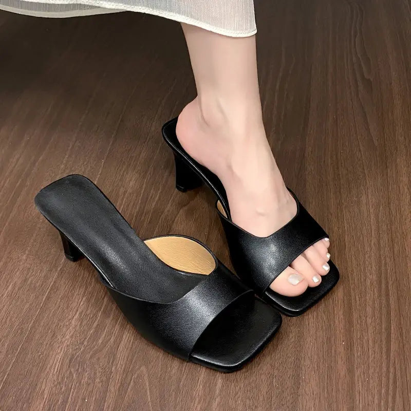 Women Heeled Mules Sandals Soft Leather