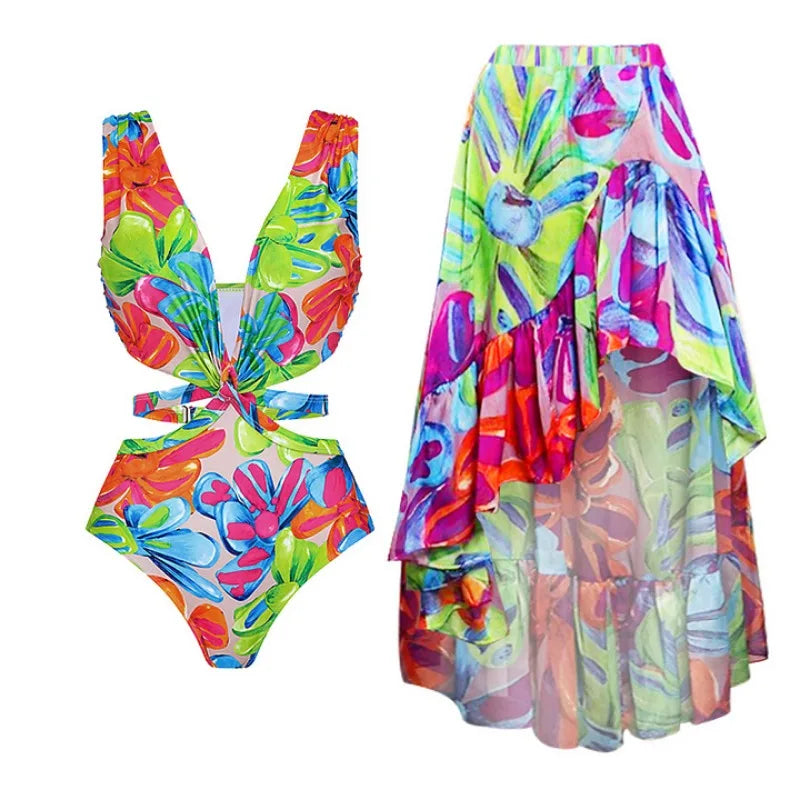 Women's Colorful Print Deep V One Piece Bikini Set - Norellé