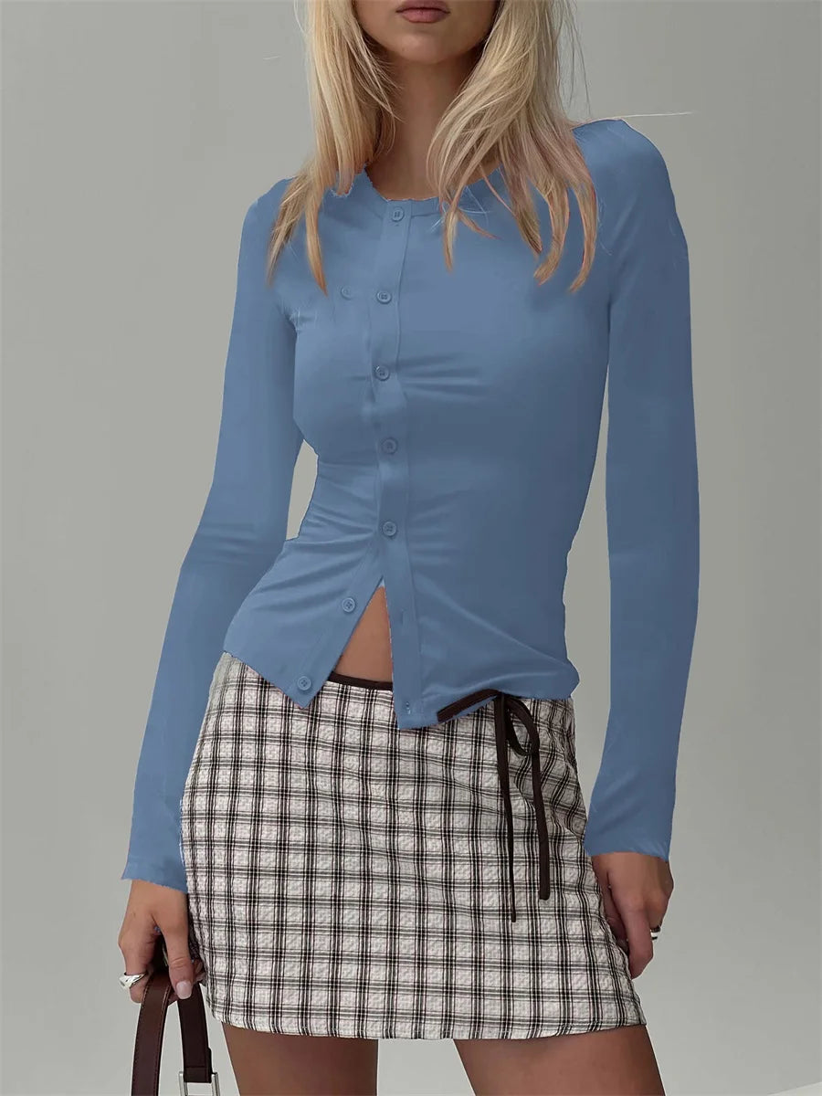 Women Button Down Crop Top Long Sleeve