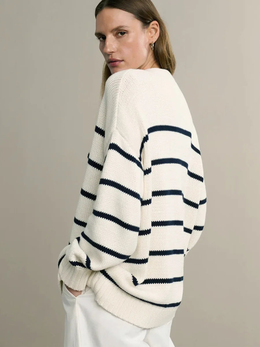 Women’s Striped Knit Cardigan V Neck Cotton Loose Fit