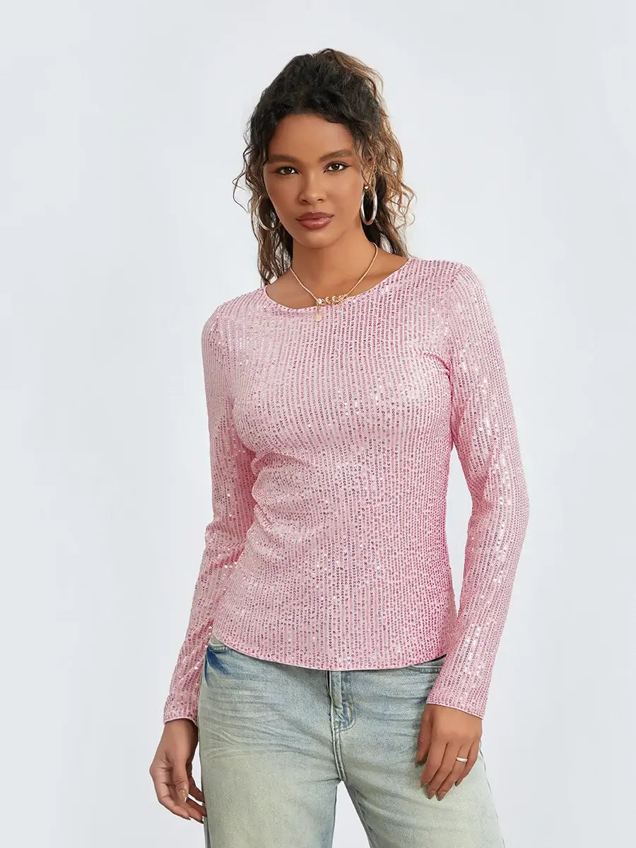 Women Long Sleeve Cropped Top Sequin Basic T-shirt