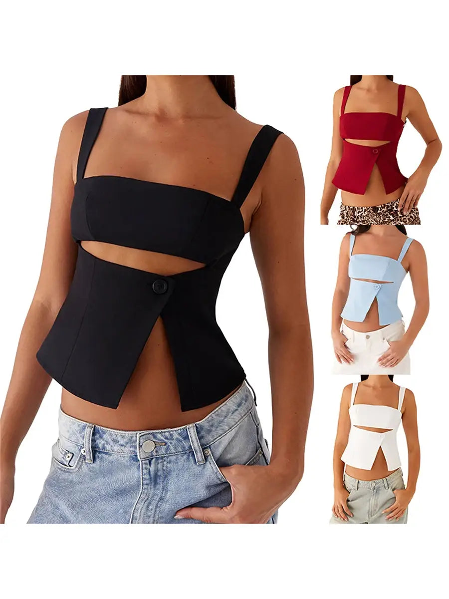 Women Crop Top Split Hem Cutout Backless Tank