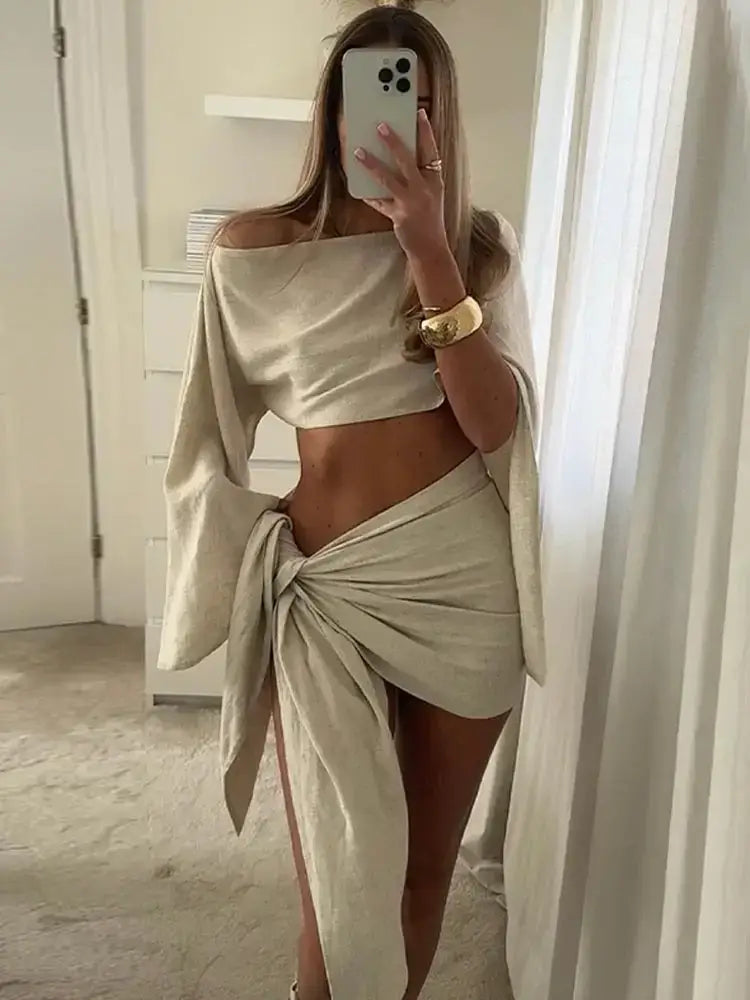 Women Cotton Linen Long Pagoda Sleeve Crop Top 2 Piece Set