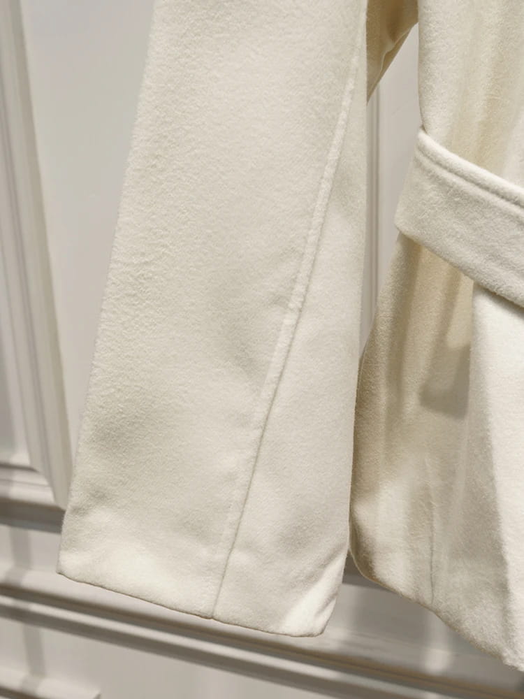 Elegant Belt Lace Up Woolen Jacket For Women