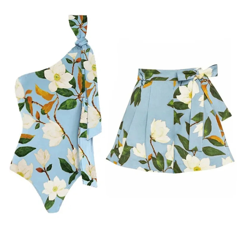 Printed One Piece Swimsuit and Skirt Women Swimwear Bodysuit Dress - Norellé