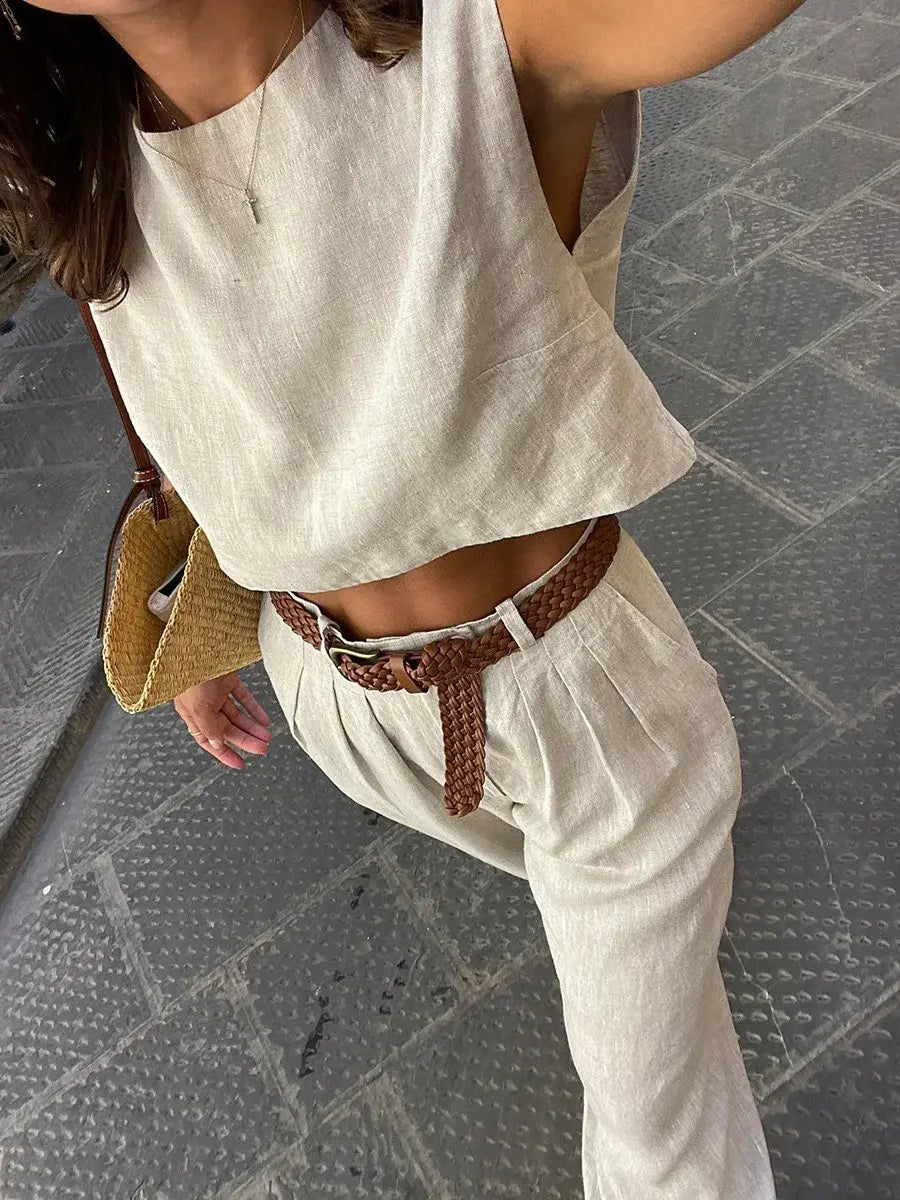 Cotton Linen Vest Pants Set Women