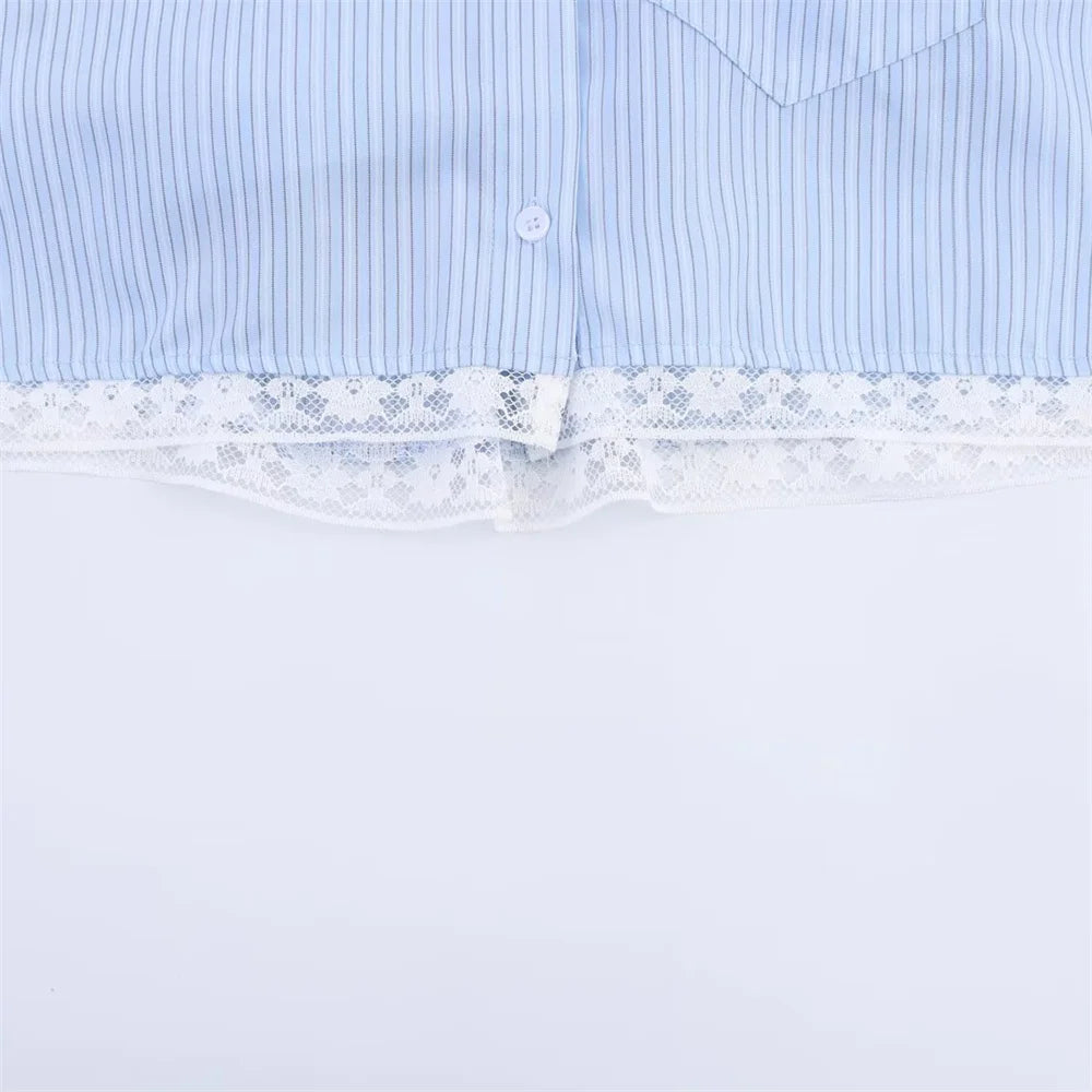 Women’s Lace Detail Striped Short Shirt Fluffy Mid Waist Skirt Pants Set