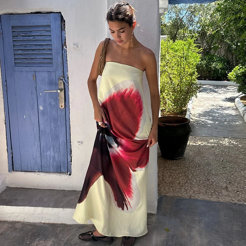 Strapless Print Floral Belt Women Maxi Dress Yellow - Norellé