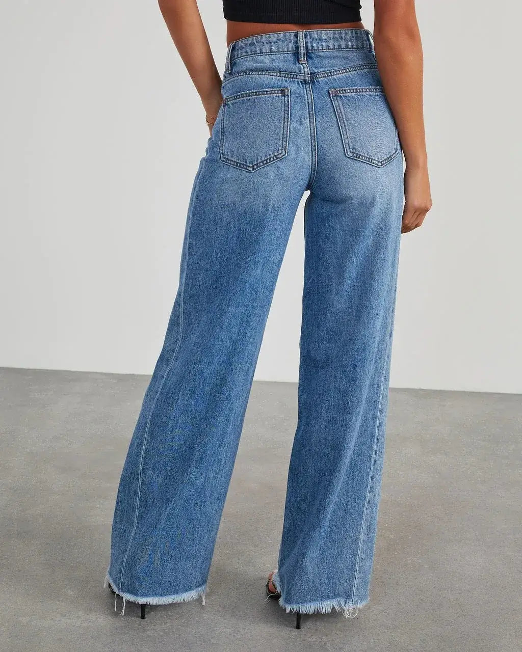 Women’s Loose Wide Leg Side Seam Stitching Frayed Hem Jeans