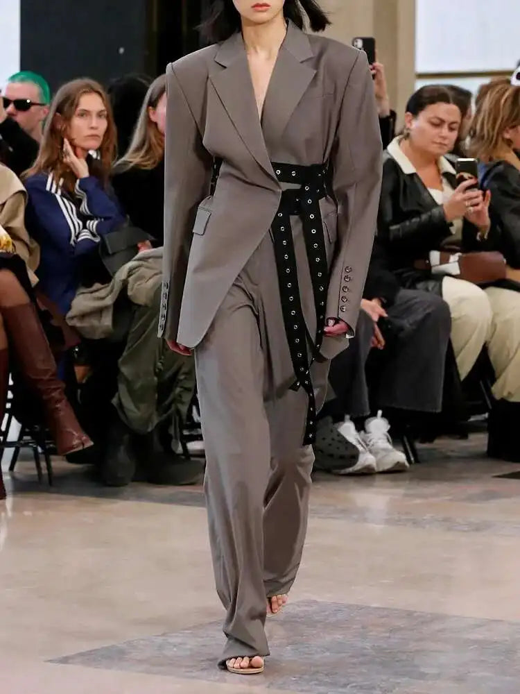 Solid Temperament Jacket Spliced Belt Blazer Women