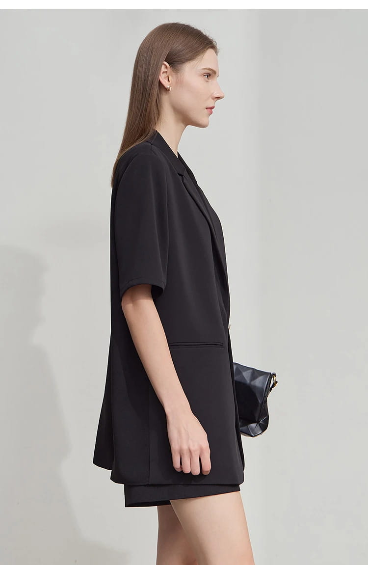 Lapel Contrast Material Patchwork One Button Short Sleeve Blazer