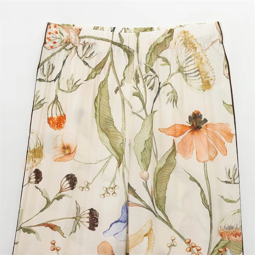 Women’s Floral Pattern Shirt With Rolled Edge Design Long Pants