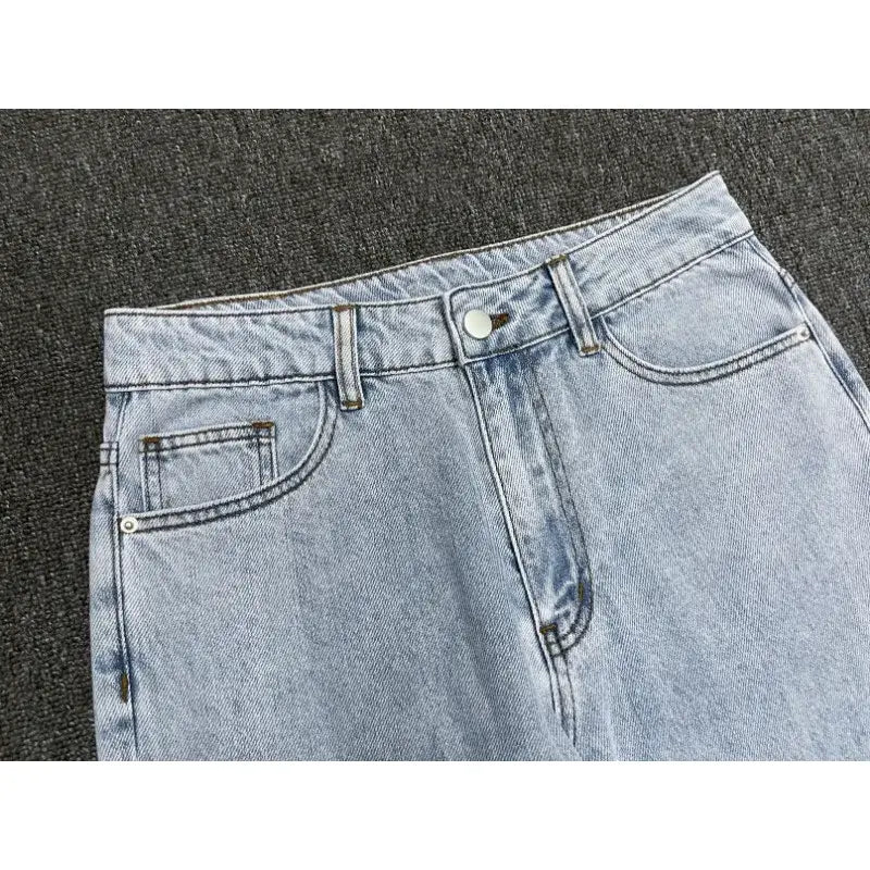 Cotton Jeans Set for Women Casual Versatile Long Sleeve Shirt High Waist Straight Leg Pants