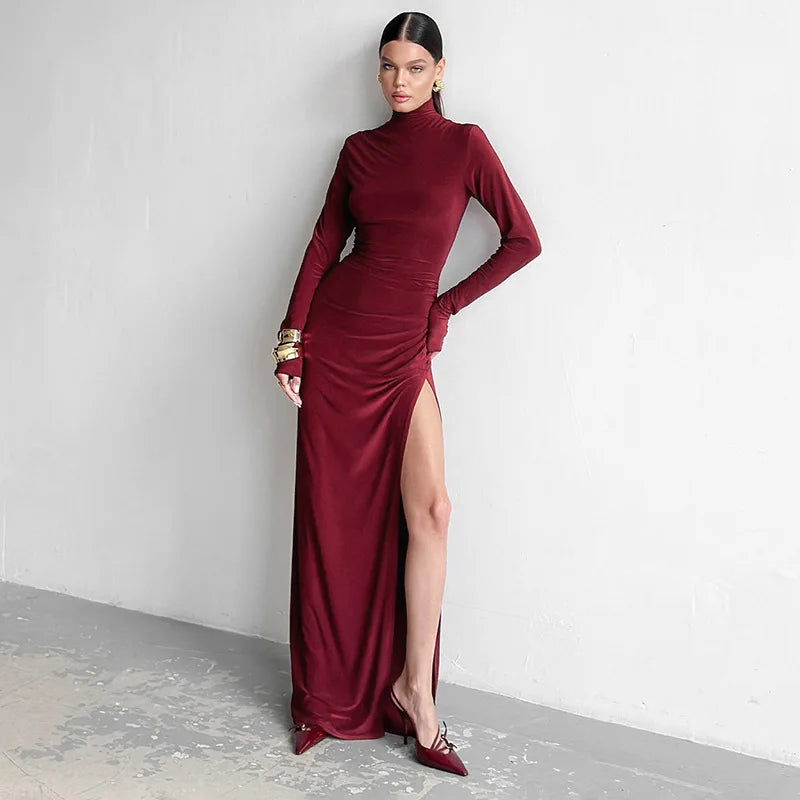 Turtleneck High Slit Maxi Dress For Women