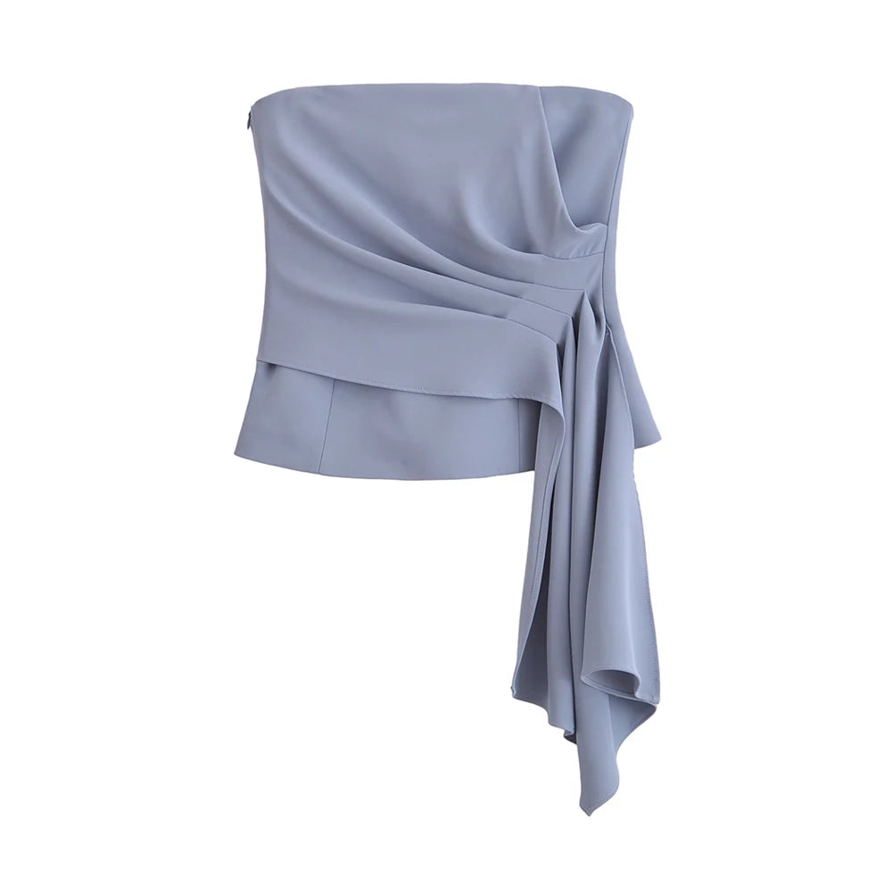 Women Fashion Draped Bustier Tops And High Waist Side Pockets Flared Pants