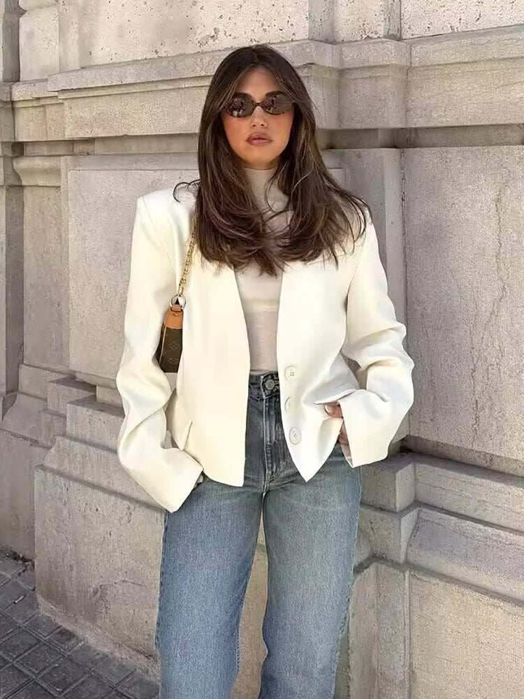 Vintage Women White Casual Blazer Jackets