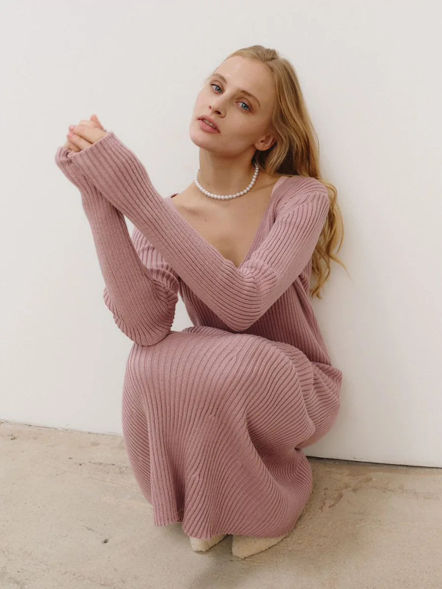 Women’s Long Sleeve V-neck Slim Bodycon Knitted Maxi Dress