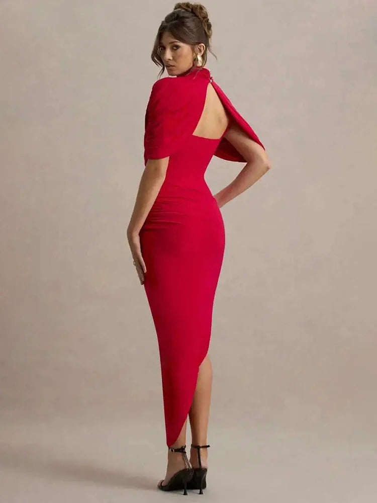 Backless Ruched Half Sleeve Maxi Dress Women Turtleneck Slim - Norellé