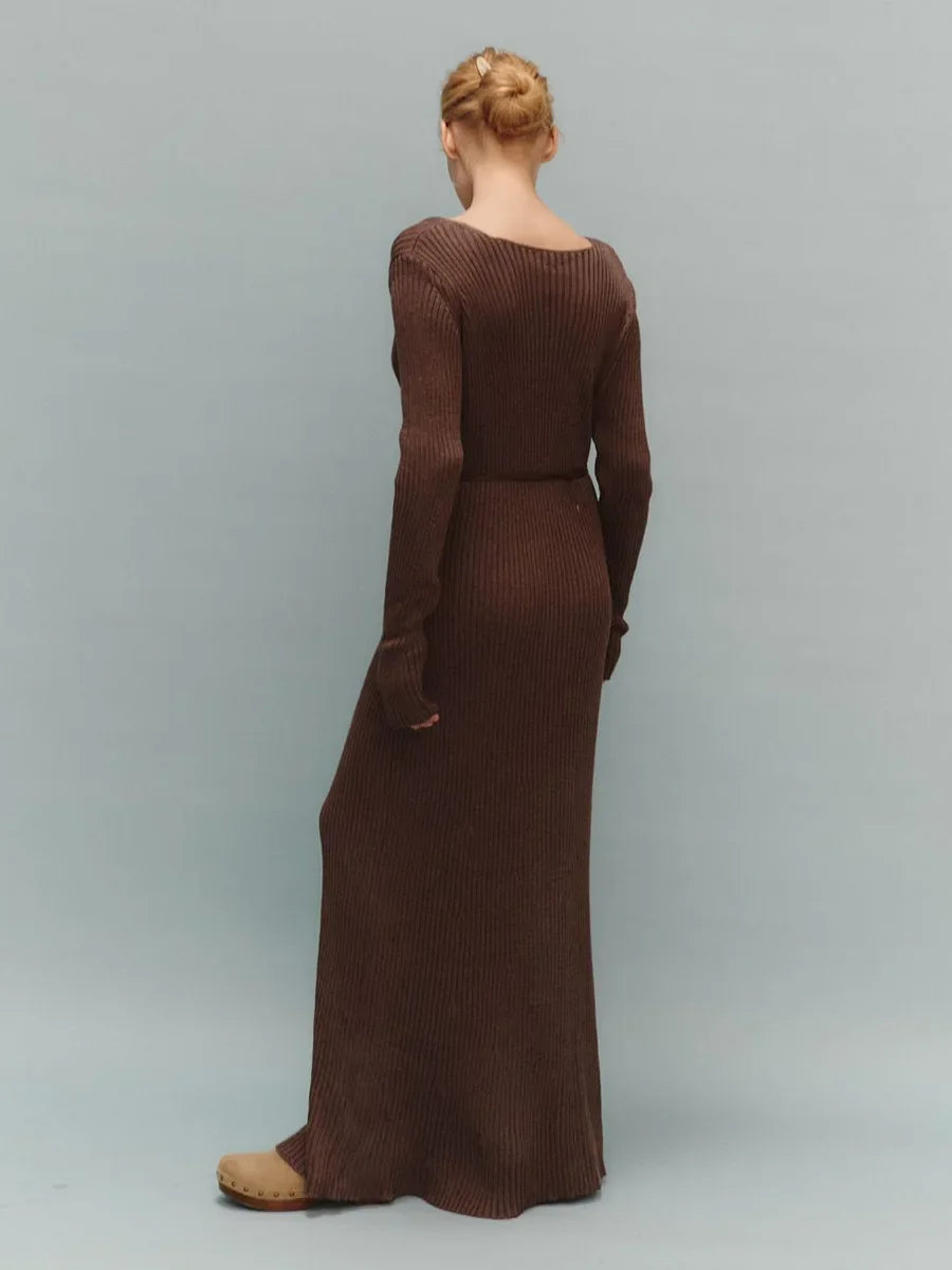 Women's Long Sleeve V-neck Slim Bodycon Knitted Maxi Dress