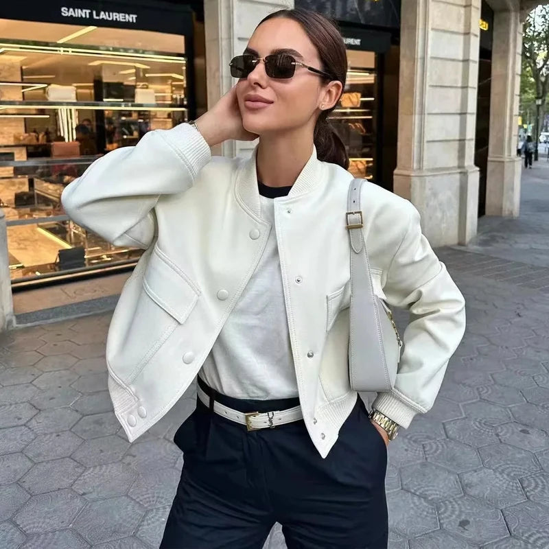 Woman Bomber Jacket Coat White Button Baseball - Norellé