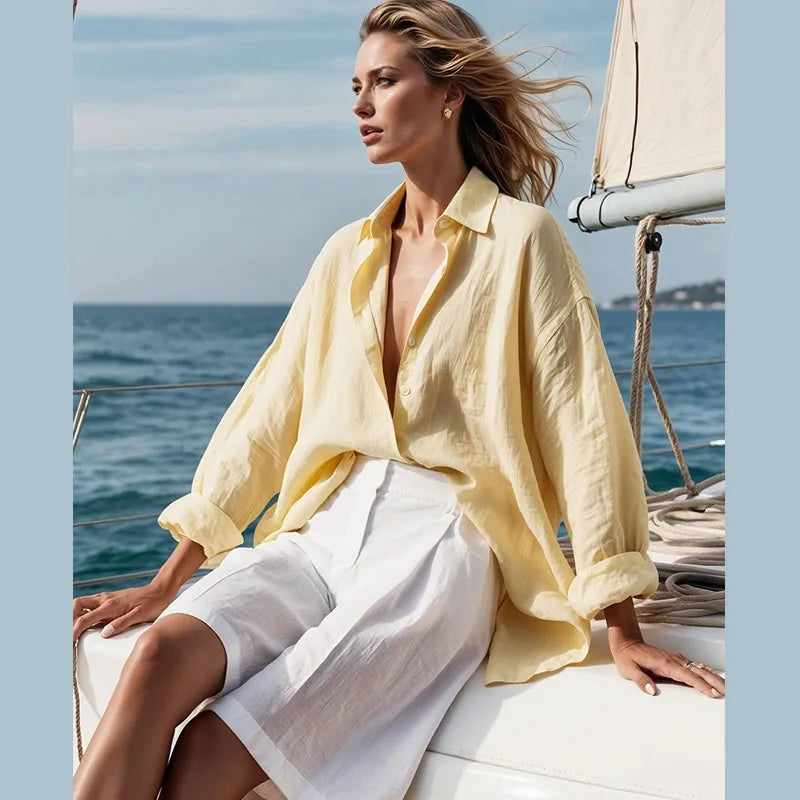 Casual Yellow Shirt Shorts Set Women