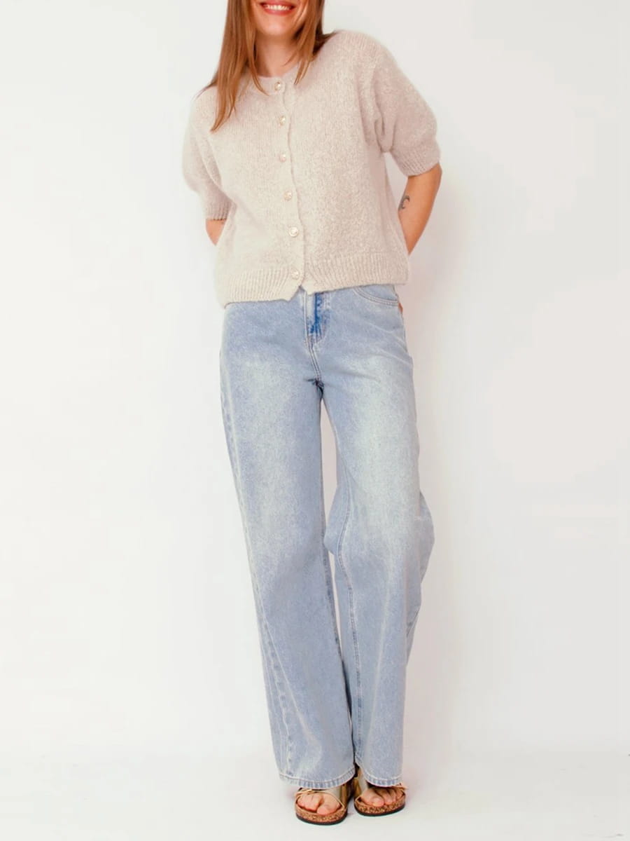 Women Knitted Crop Cardigan Shirt Short Sleeve Button Down Ribbed Knit