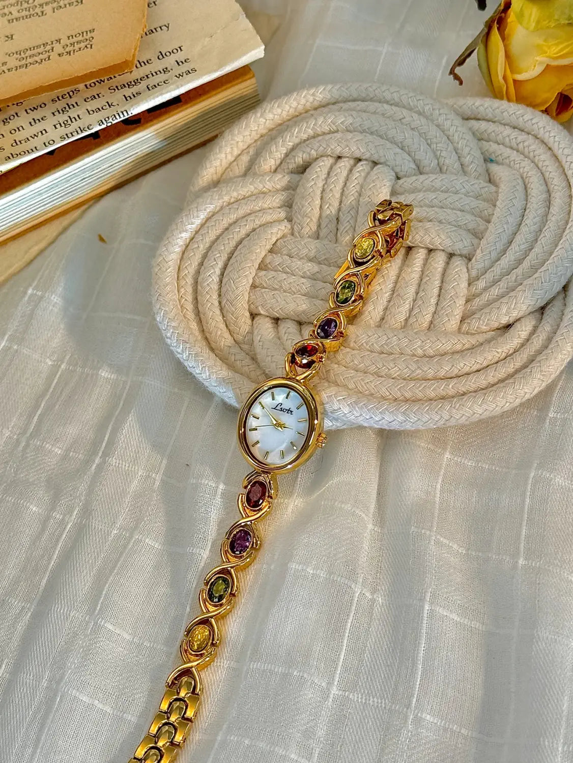 Colorfuled Tourmaline Gem Rhinestone Retro Elegant Fashion Women’s Watch Oval Mother-Of-Pearl Dial