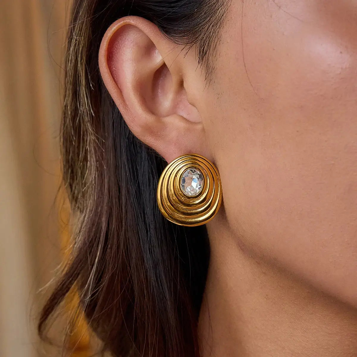 Gold Color Plated Stainless Steel Round White Zircon Ribbed Ear Studs