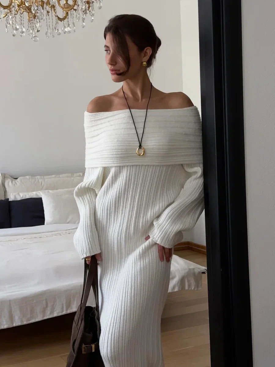 Knit Long Dress One Shoulder Sleeve