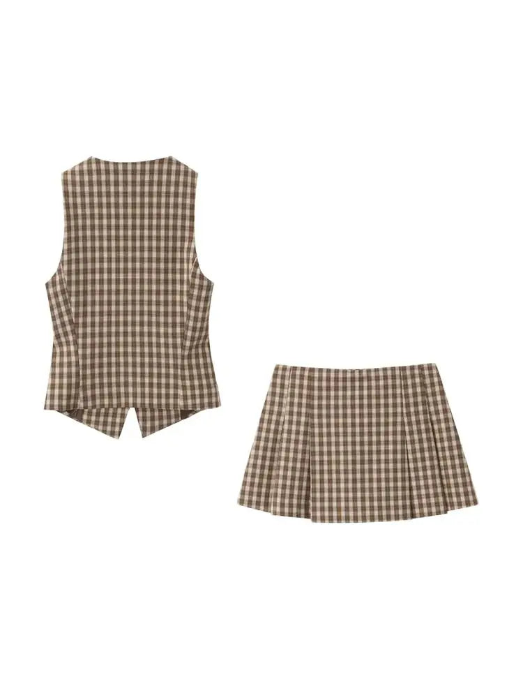 Women's Waistcoat Top And Mid-Waist Side-Zip Pleated Skort Two-Piece Set