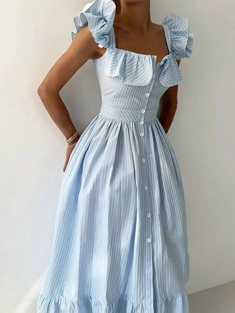 Flying Sleeve Ruffle Striped Slip Long Dress Women