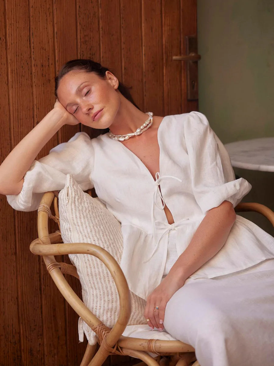 100% Cotton V-neck Lace Up Short Sleeved Skirt Set