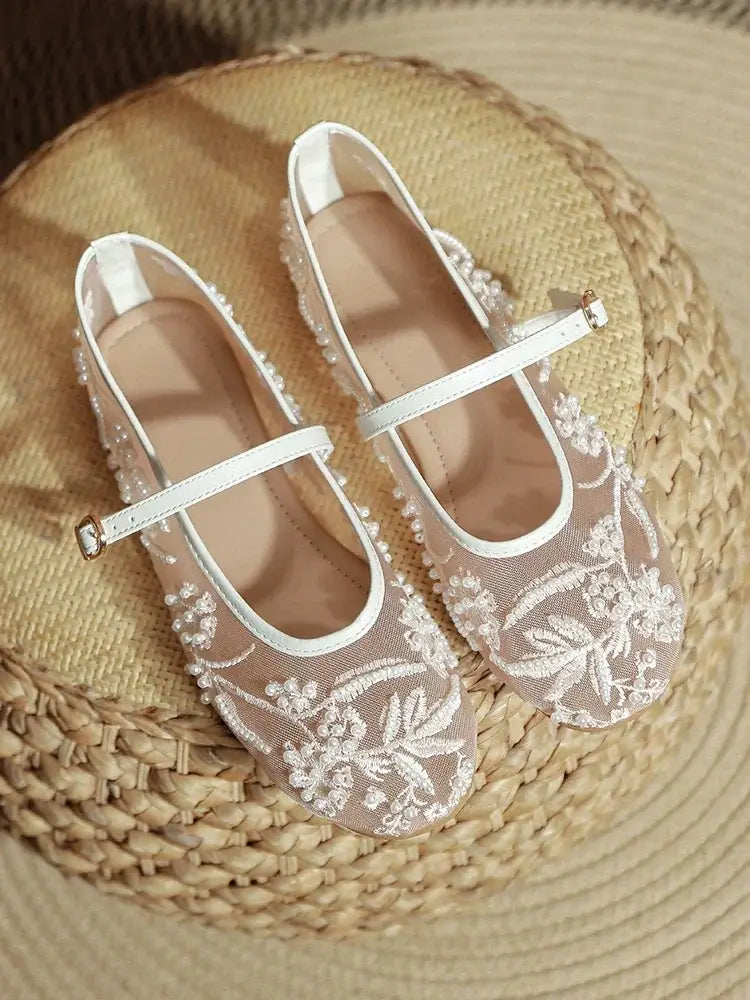 White Pearl Decoration Mesh Embroidery Ballet Flats