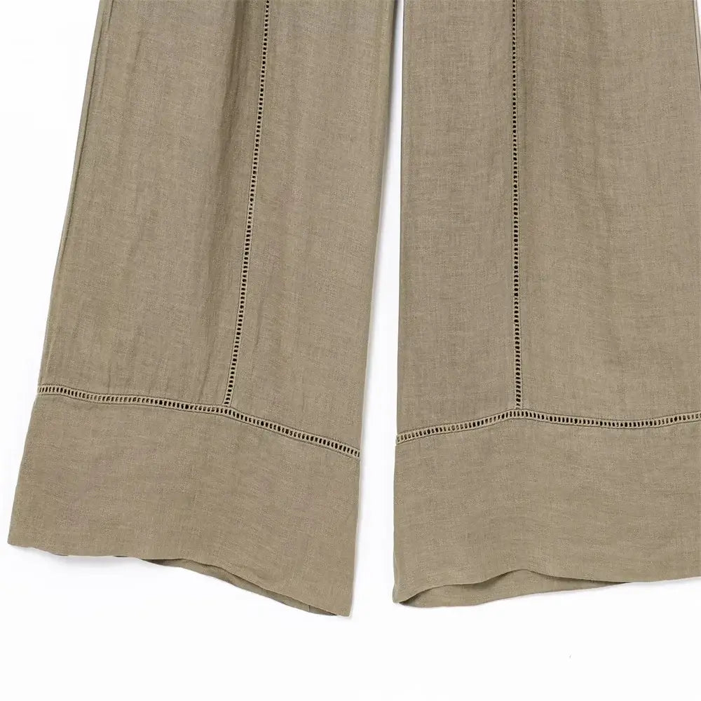 Women’s Long Sleeved V-neck Shirt Mid Waist Wide Leg Pants