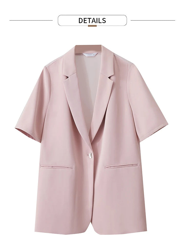 Lapel Contrast Material Patchwork One Button Short Sleeve Blazer