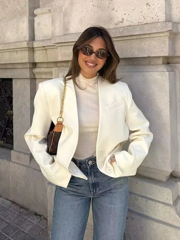 Vintage Women White Casual Blazer Jackets