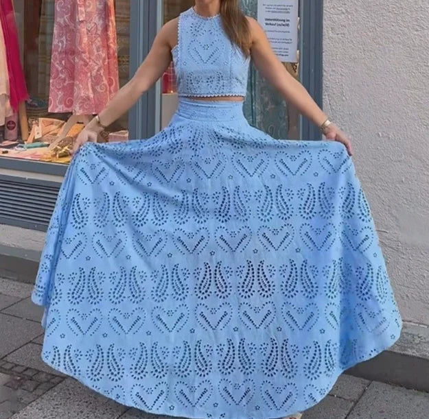 Sleeveless Embroidered Hollow Lace Long Skirt Vacation Set Two-Piece
