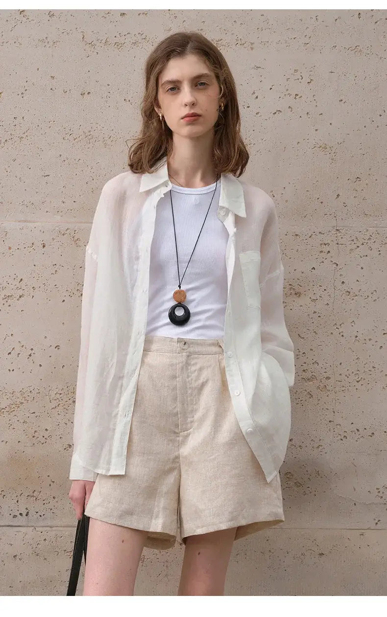 Women’s Lapel Long-Sleeved White Casual Loose Blouse