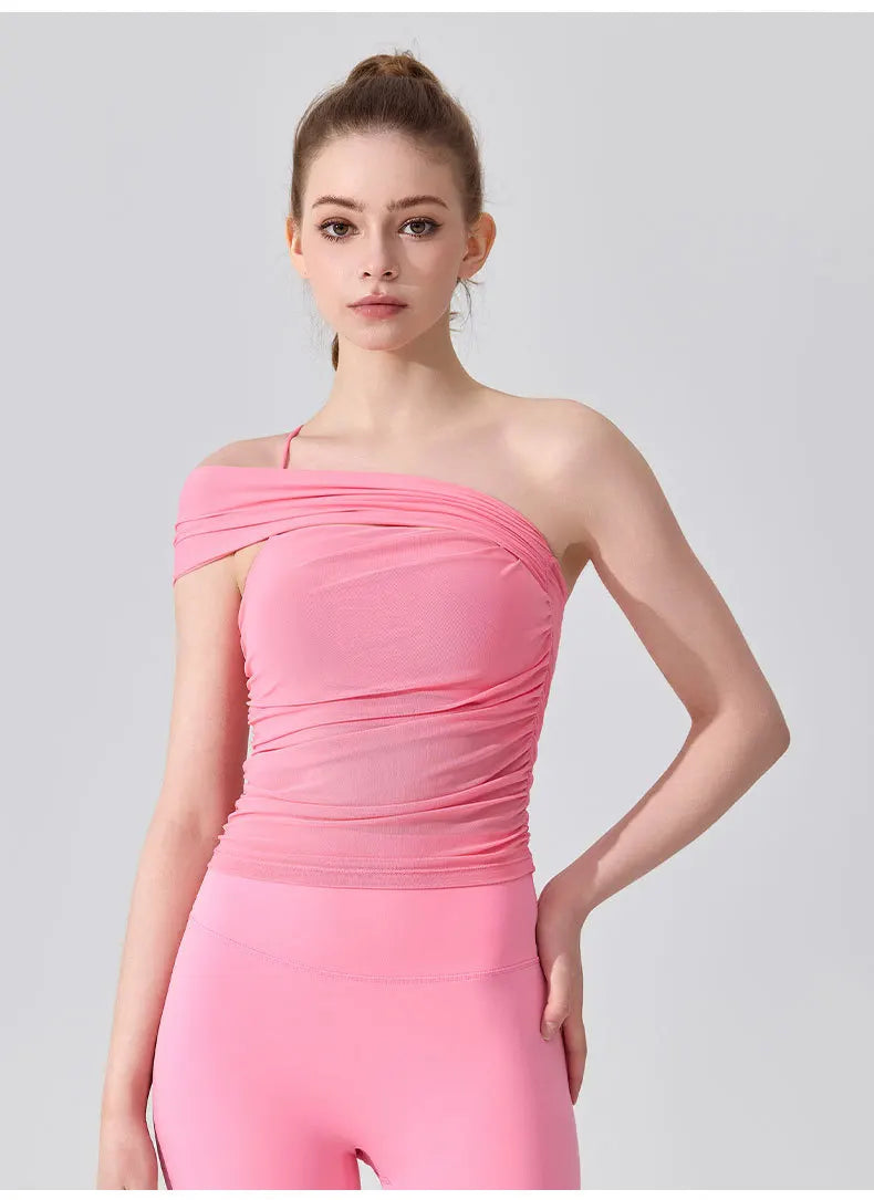 Sleeveless Slimming Top Single Shoulder Straps Women Yoga Mesh Tank