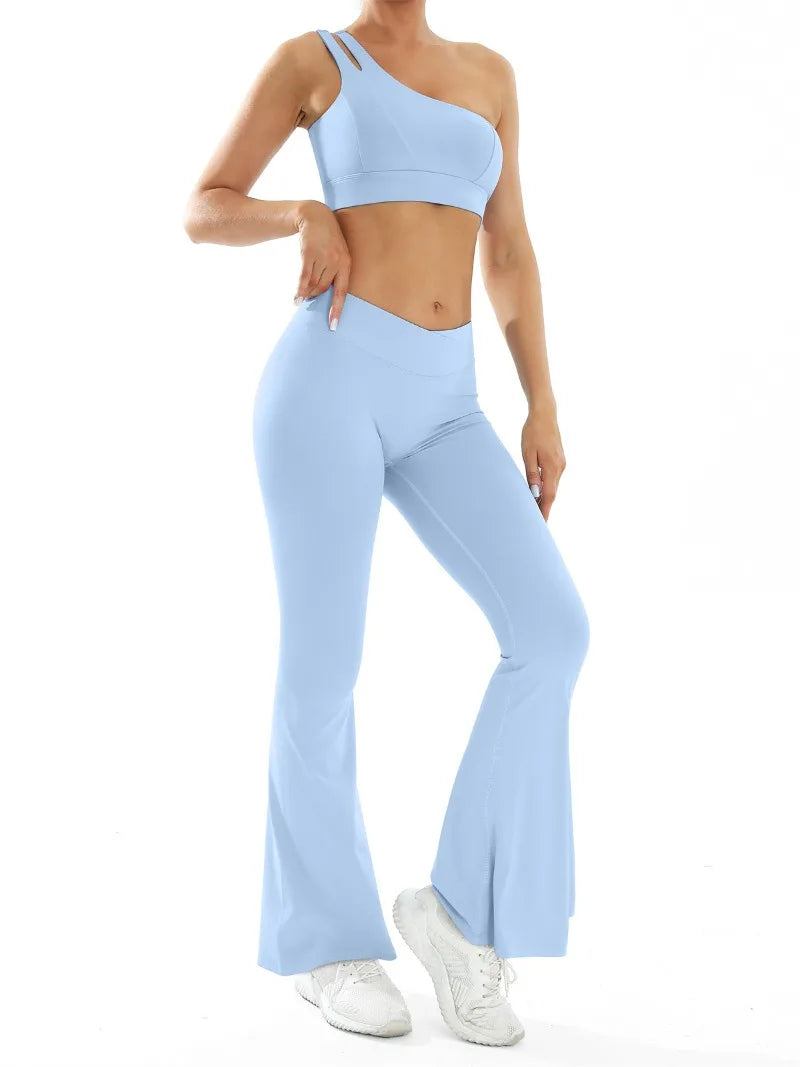 Women’s Seamless Yoga Set Naked Sensation Single Shoulder Bra & Breathable Quick-Dry Slim Pants