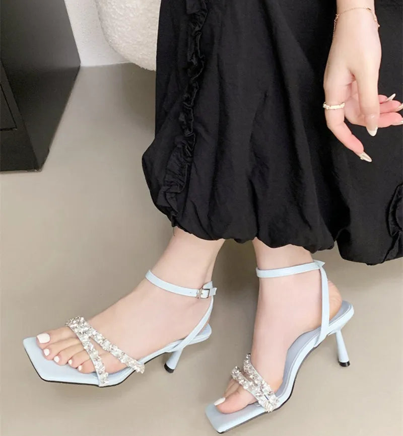 Rhinestone Ankle Strap Women Sandals High Quality Square Toe