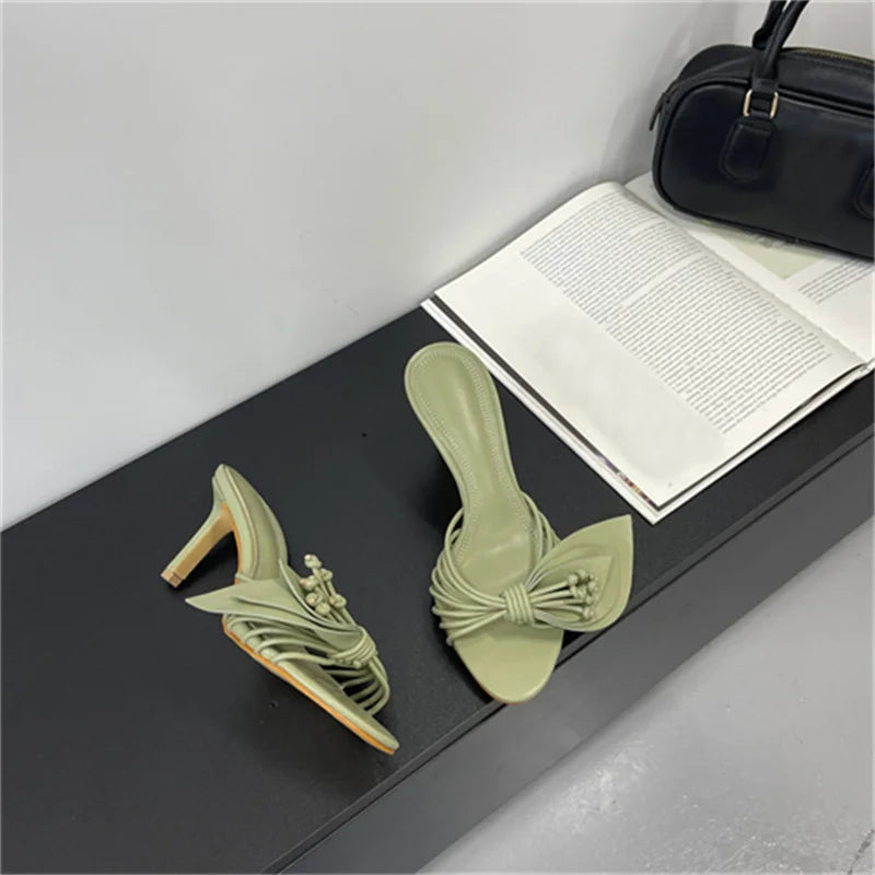 Women Green Leaf Narrow Band Summer Slipper Sandal